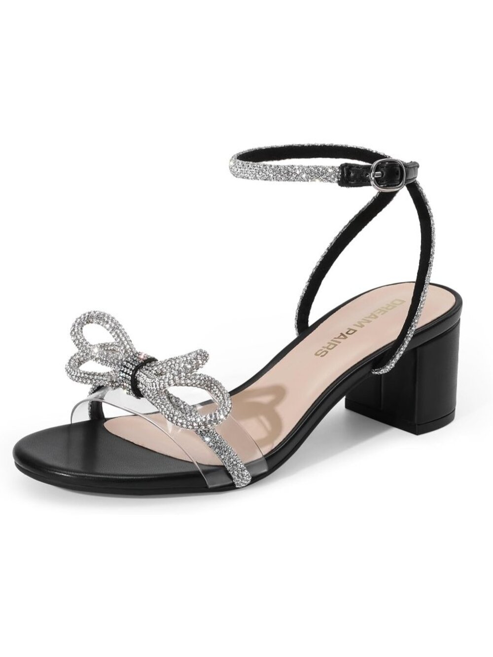 Dream Pairs Women's Black Open Toe Rhinestone Double Bow Chunky Sandals